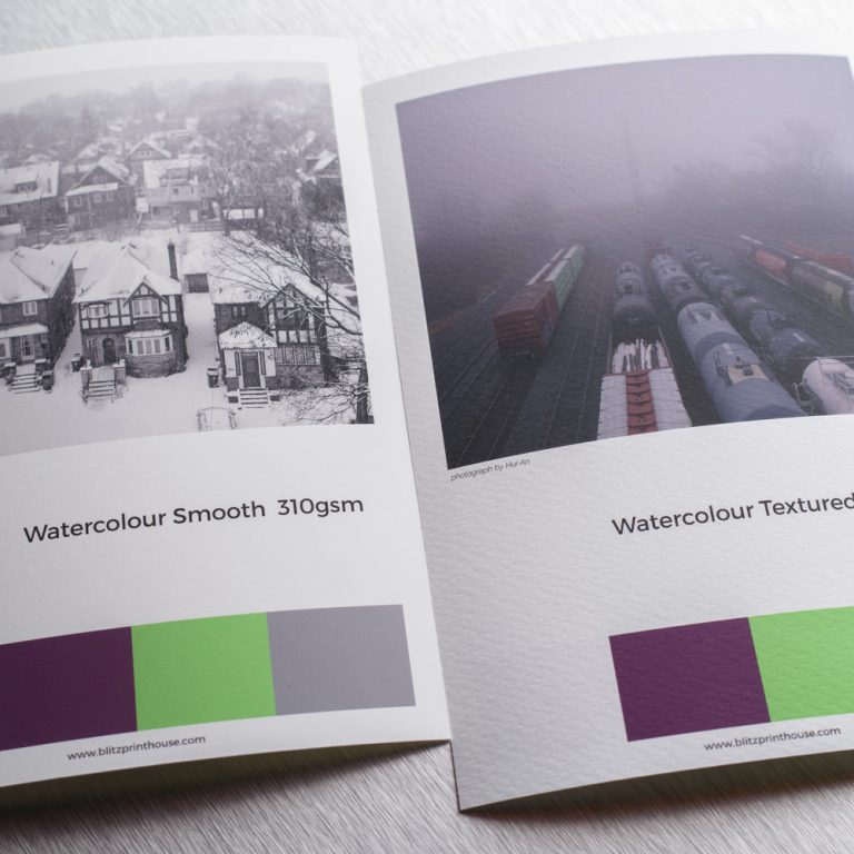 Watercolour Smooth 310 gsm and Watercolour Textured 310 gsm print samples placed side by side.