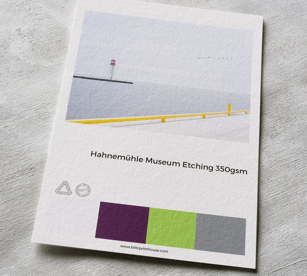 Hahnemühle Museum Etching 350 gsm printed sample card with a minimalist waterfront photograph.