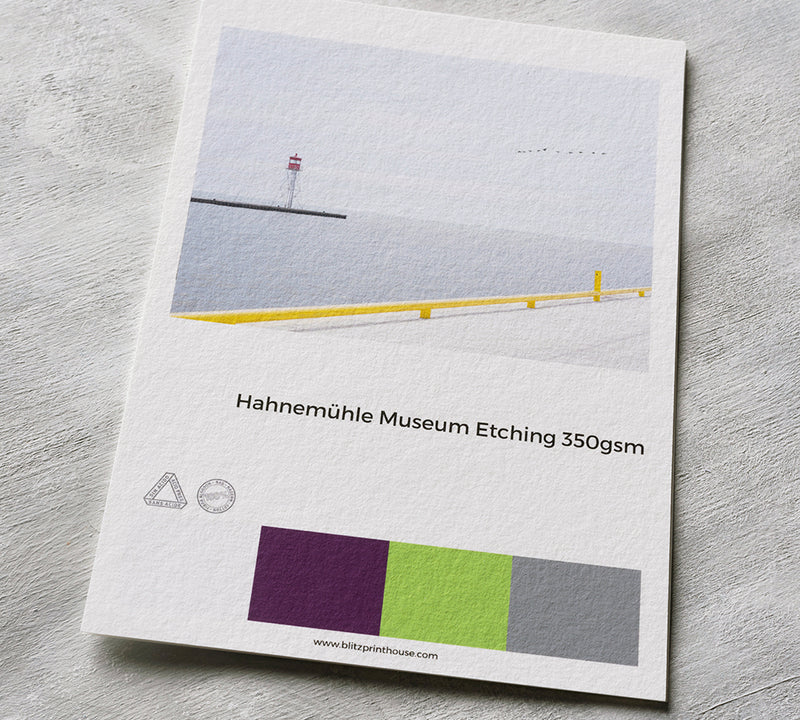 Load image into Gallery viewer, Hahnemühle Museum Etching paper sample with a lighthouse image on a gray surface
