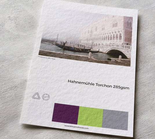 Hahnemühle Torchon paper sample with a scenic print on a gray surface