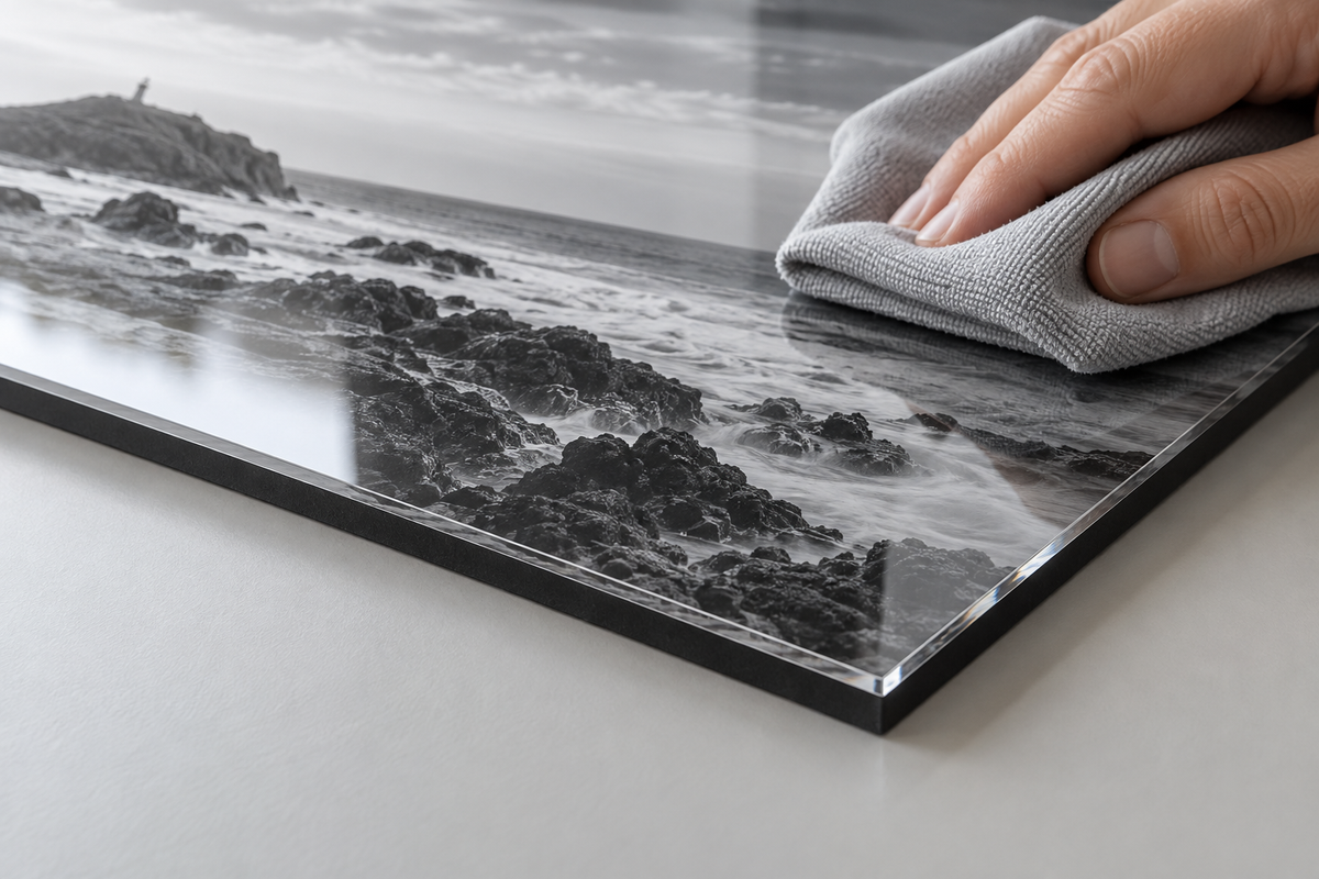 Illustration of a clean microfibre cloth lightly wiping the face of an acrylic-mounted print.