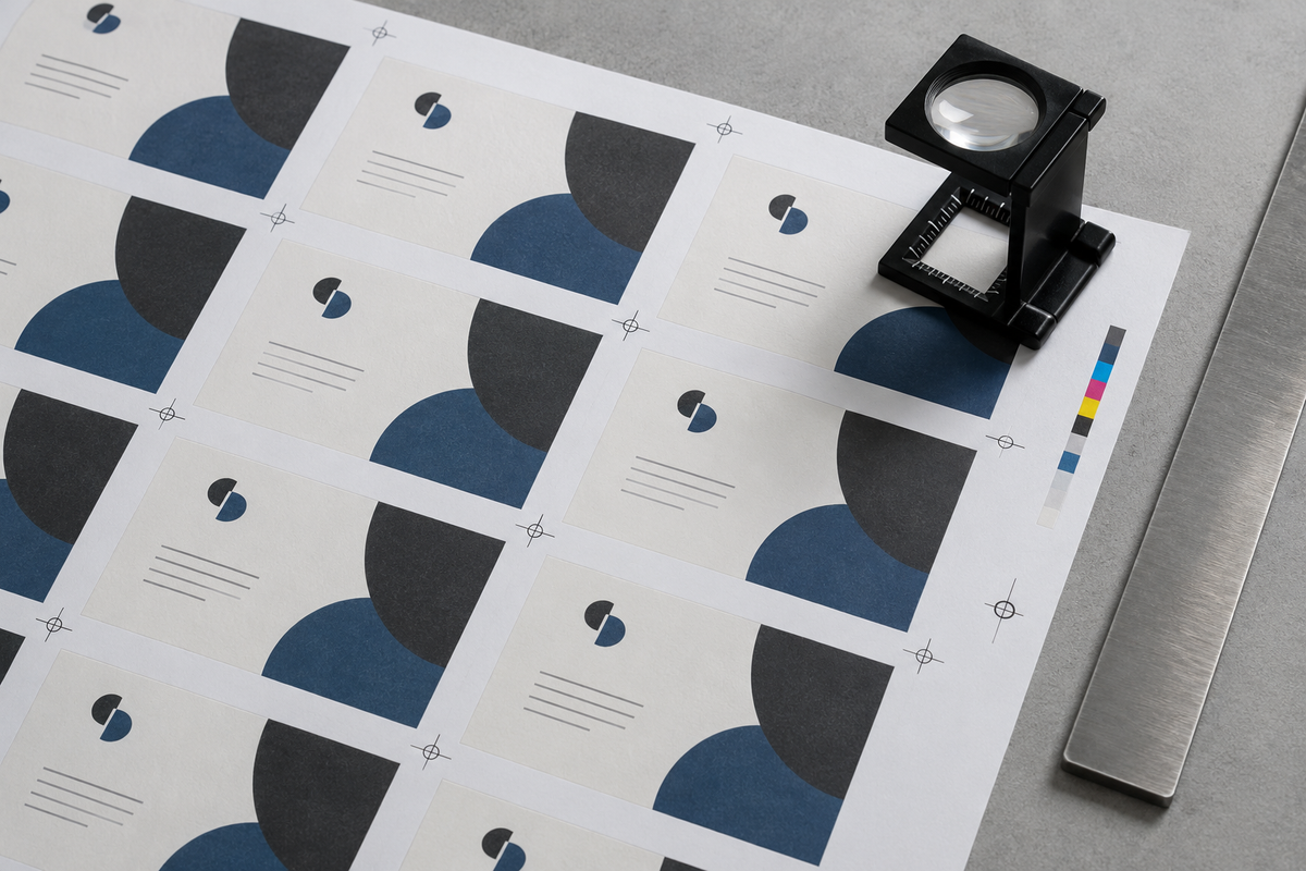 Illustrative press-sheet inspection with a printer's loupe, registration marks and colour-control patches.