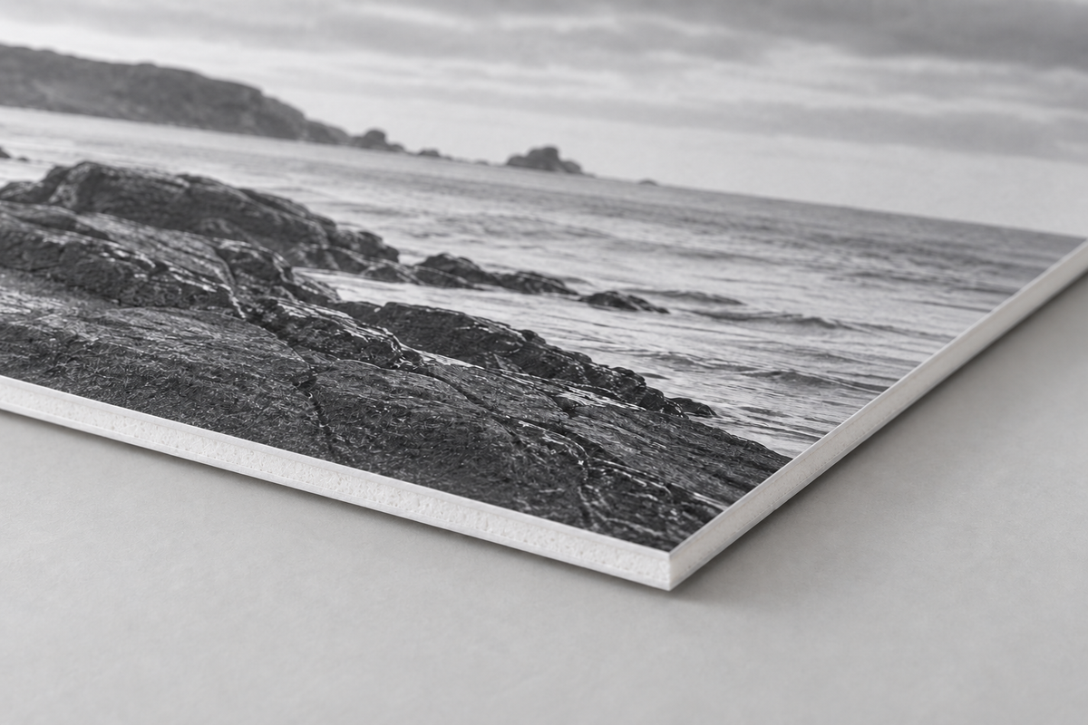Construction illustration of a black-and-white coastal print bonded to thin white foamcore, showing the foam centre and paper faces.