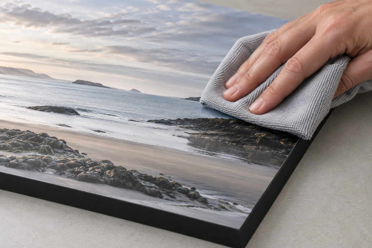 Illustration of gentle cleaning of a laminated plaque mount with a soft microfibre cloth.