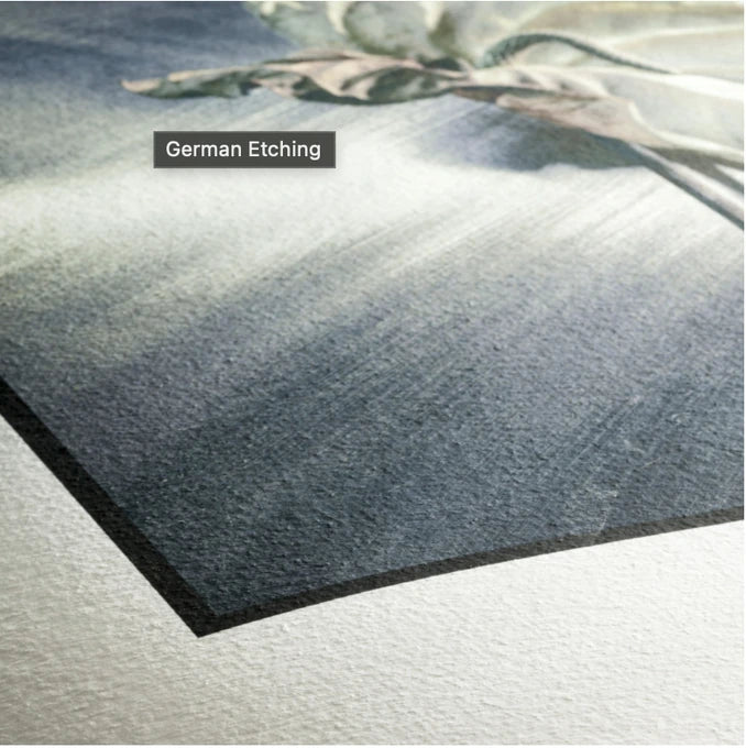 German Etching paper showing its fine felt texture across a dark printed area and unprinted border