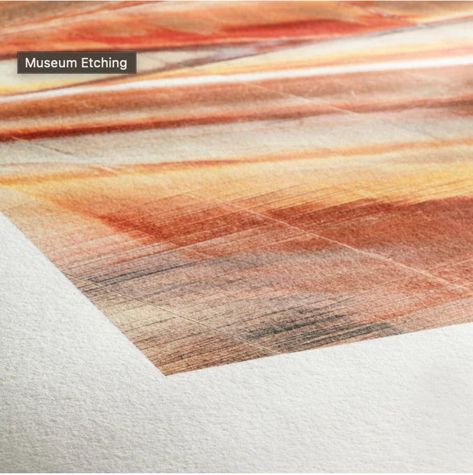 Museum Etching paper showing warm printed colours and a naturally white textured margin