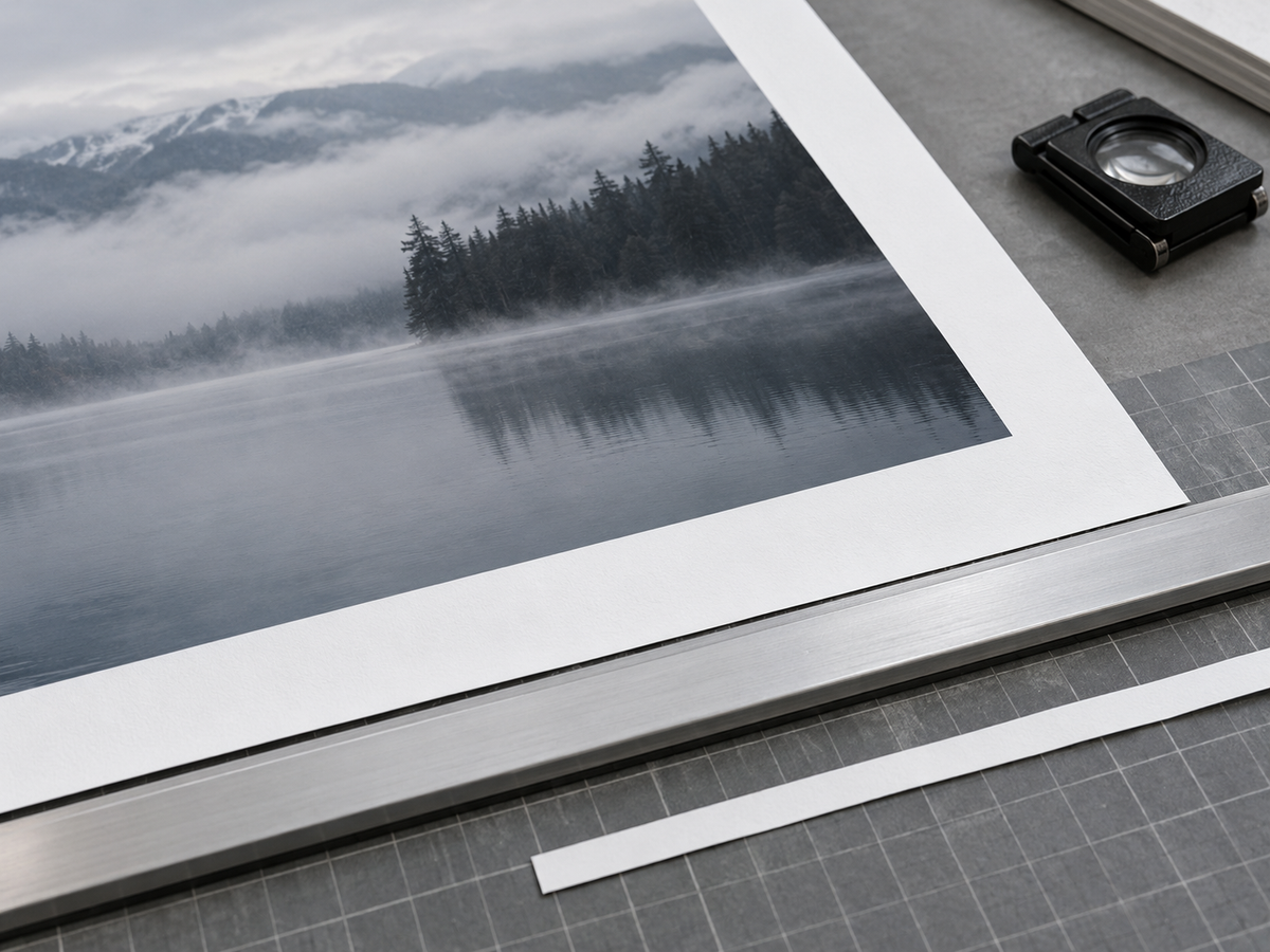 Illustrative process view of a fine-art print with a white border beside an inspection loupe, straightedge and clean paper offcut.
