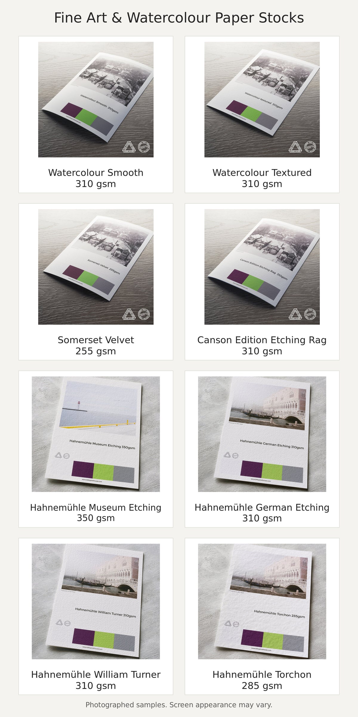 Eight photographed fine art and watercolour paper samples arranged in a labelled stock selection guide.