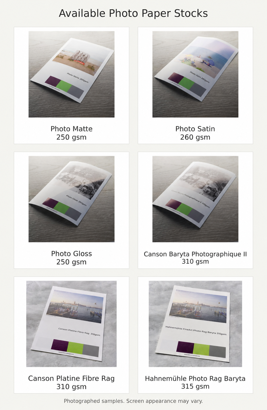 Six photographed photo-paper samples arranged in a labelled stock selection guide.