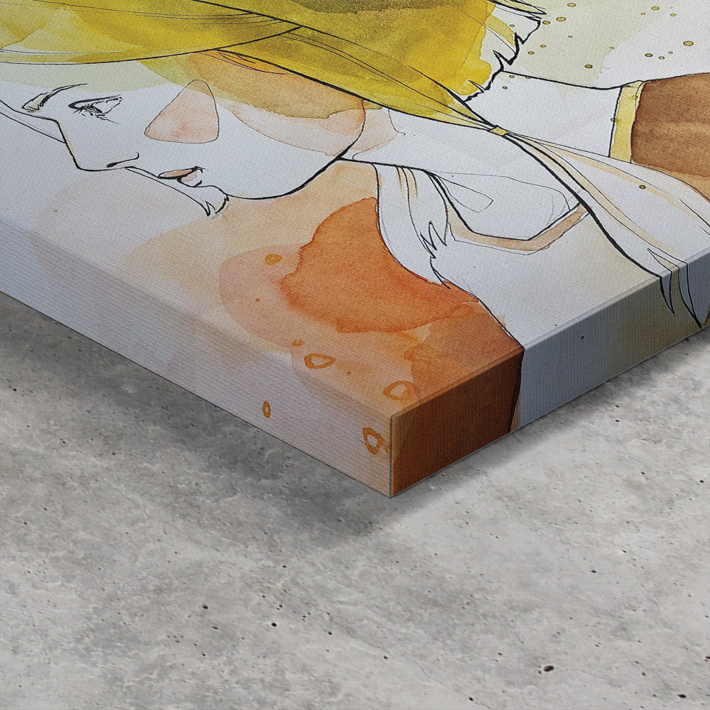 Close-up of a canvas wrap corner with the portrait artwork continuing over the side edges.